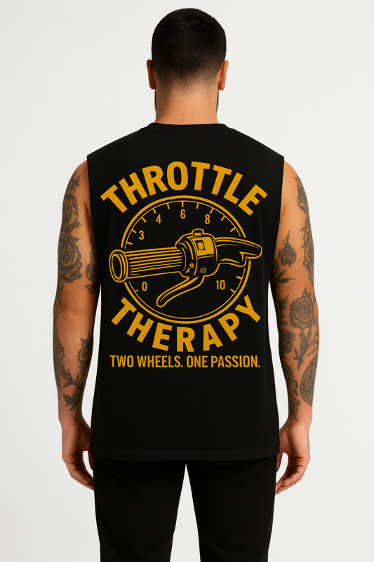 Throttle Therapy Black and Gold Unisex Singlet Back