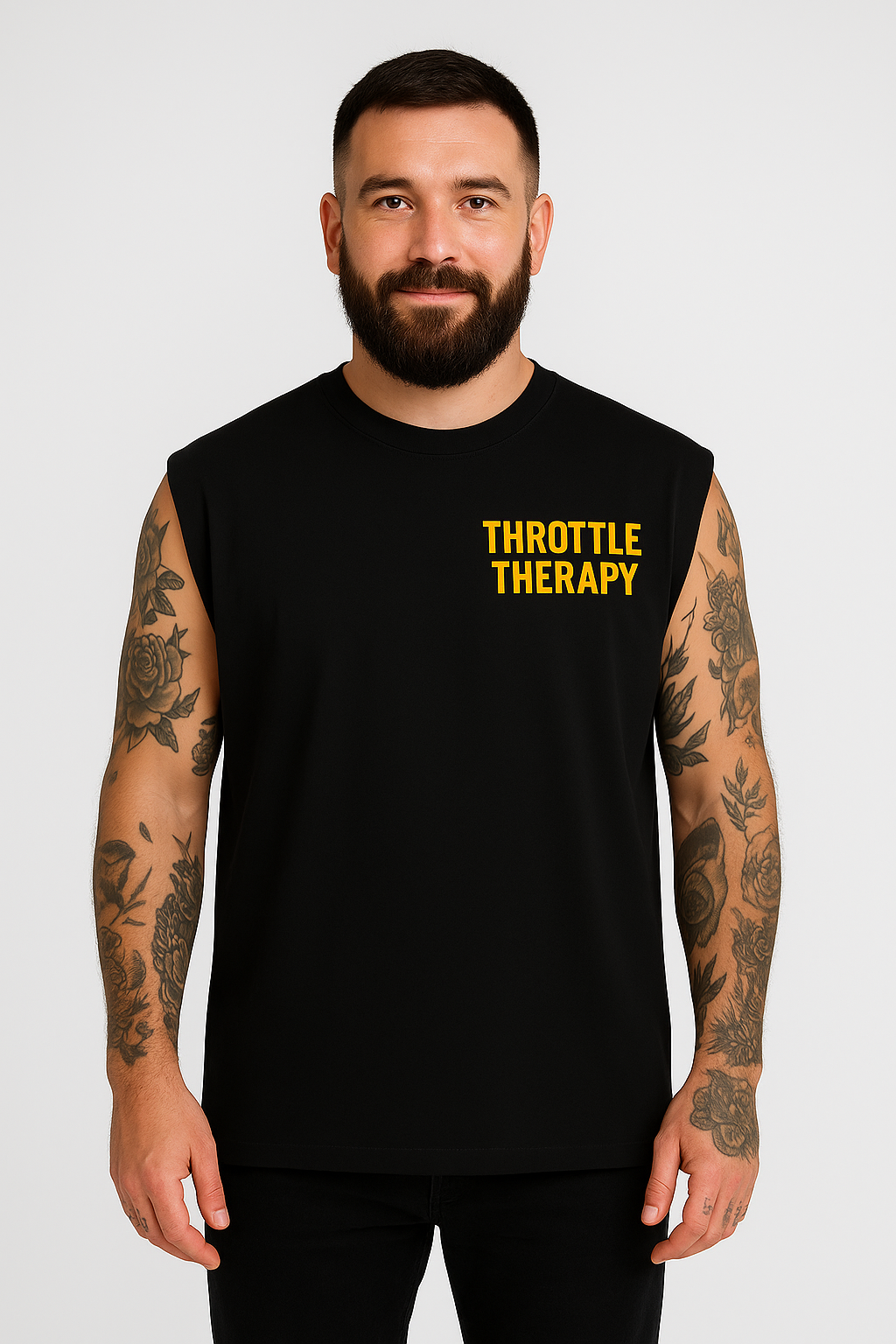 Throttle Therapy Black and Gold Unisex Singlet Front